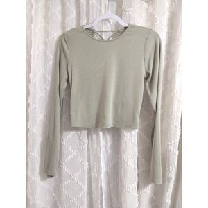 Sage Green Ribbed Long Sleeve Lace Up Open Back‎ Cropped Top Womens Small